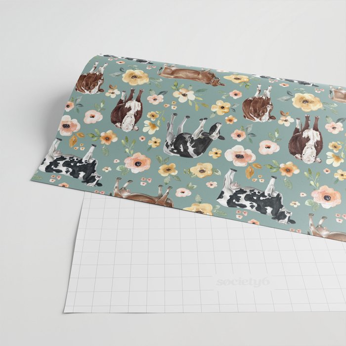 Cows and Flowers on Country Blue, Yellow Flowers, Cow Floral, Pink Flowers Wrapping Paper Gallery Image 2
