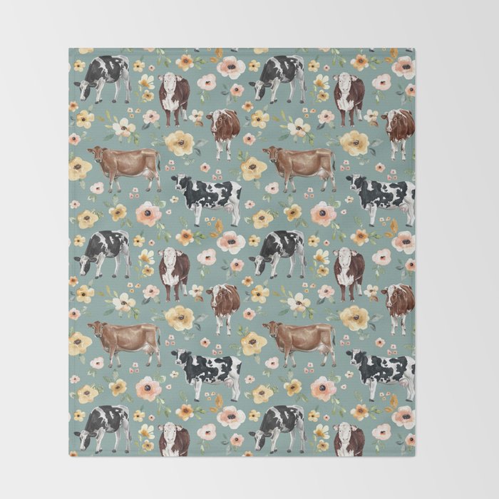 Cows and Flowers on Country Blue, Yellow Flowers, Cow Floral, Pink Flowers Throw Blanket Gallery Image 2