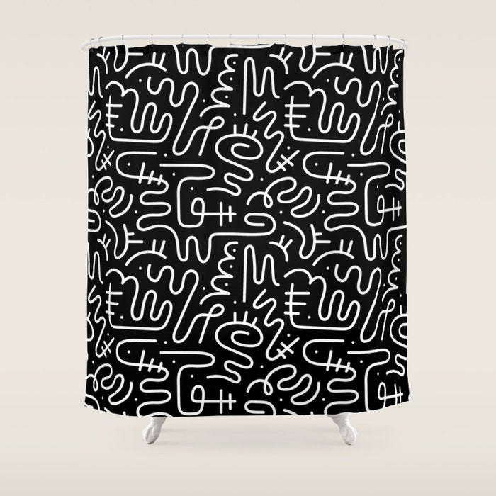 Abstract black and white line doodle pattern Shower Curtain Gallery Image 1