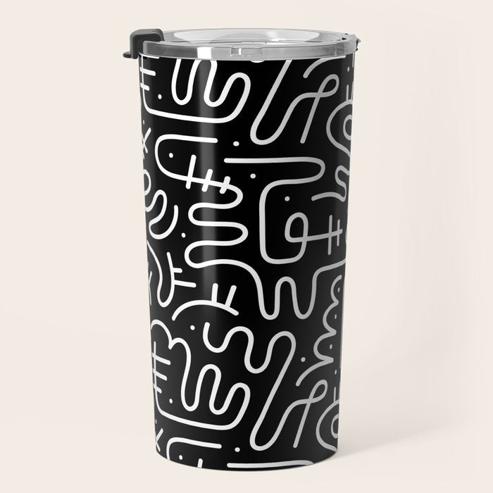 Abstract black and white line doodle pattern Travel Mug Gallery Image 3