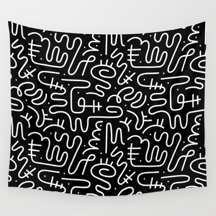 Abstract black and white line doodle pattern Wall Tapestry Gallery Image 4