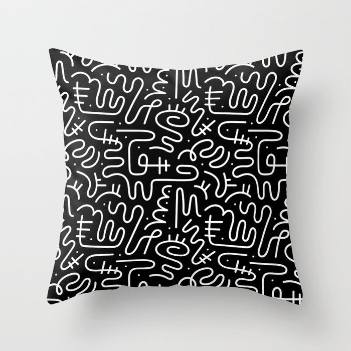 Abstract black and white line doodle pattern Throw Pillow Gallery Image 1