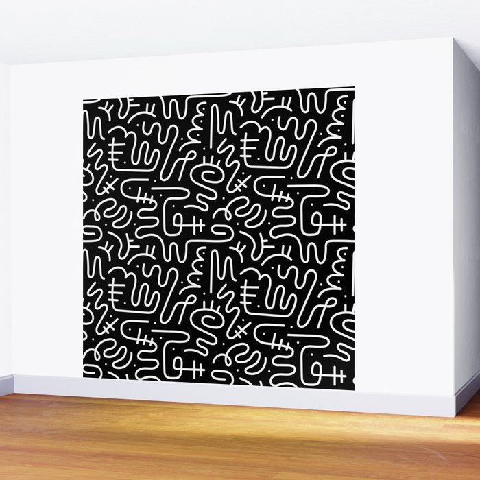 Abstract black and white line doodle pattern Wall Mural Gallery Image 2
