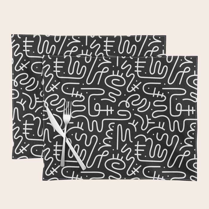 Abstract black and white line doodle pattern Placemat Gallery Image 1