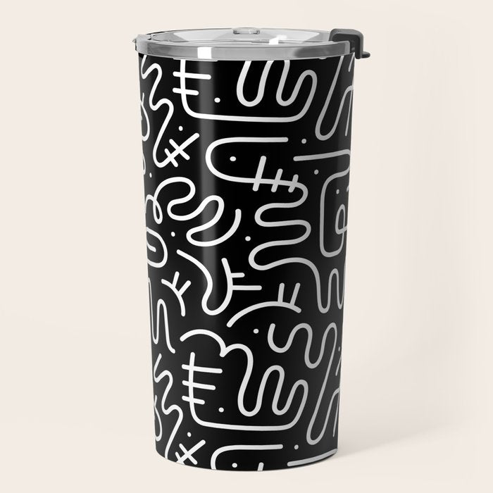 Abstract black and white line doodle pattern Travel Mug Gallery Image 2