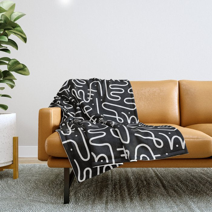 Abstract black and white line doodle pattern Throw Blanket Gallery Image 1