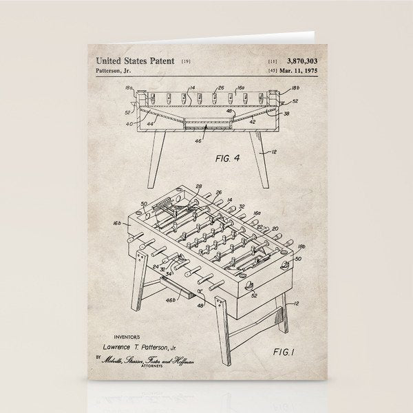 Foosball Table Patent - Foosball Player Game Room Art - Antique Stationery Card Gallery Image 1