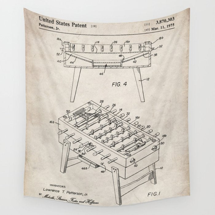 Foosball Table Patent - Foosball Player Game Room Art - Antique Wall Tapestry Gallery Image 4