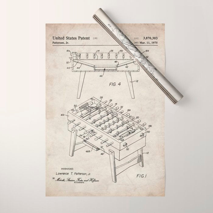 Foosball Table Patent - Foosball Player Game Room Art - Antique Wrapping Paper Gallery Image 1