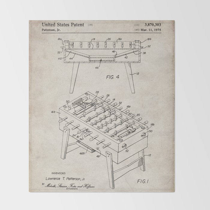 Foosball Table Patent - Foosball Player Game Room Art - Antique Throw Blanket Gallery Image 2