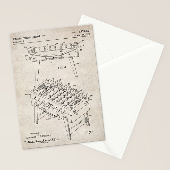 Foosball Table Patent - Foosball Player Game Room Art - Antique Stationery Card Gallery Image 2