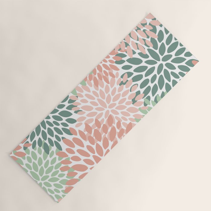Festive, Abstract Floral Prints, Coral and Green Yoga Mat Gallery Image 1