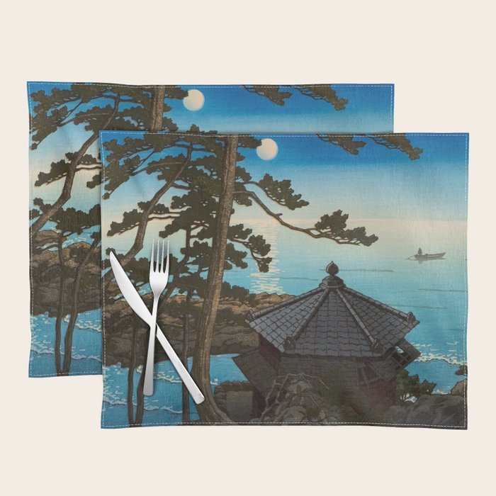 Hasui Moon Over Izura Ibaraki Antique Japanese Woodblock Print  Placemat Gallery Image 1