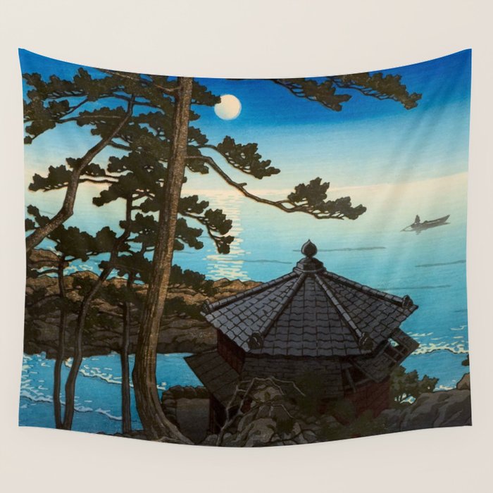 Hasui Moon Over Izura Ibaraki Antique Japanese Woodblock Print  Wall Tapestry Gallery Image 4