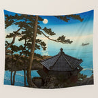 Hasui Moon Over Izura Ibaraki Antique Japanese Woodblock Print  Wall Tapestry Gallery Image 4
