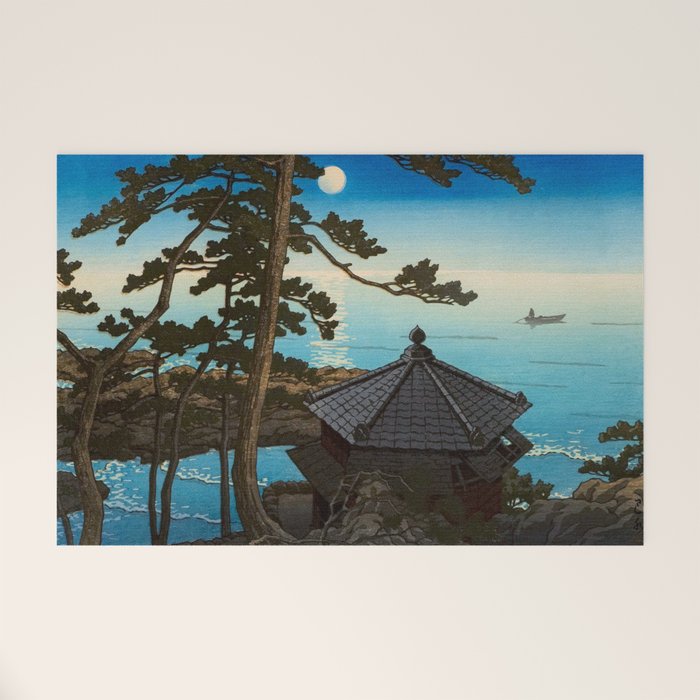 Hasui Moon Over Izura Ibaraki Antique Japanese Woodblock Print  Welcome Mat Gallery Image 1