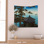 Hasui Moon Over Izura Ibaraki Antique Japanese Woodblock Print  Wall Tapestry Gallery Image 2