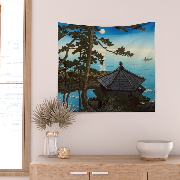 Hasui Moon Over Izura Ibaraki Antique Japanese Woodblock Print  Wall Tapestry Gallery Image 2