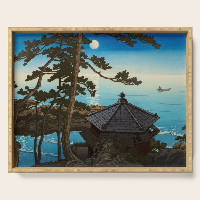 Hasui Moon Over Izura Ibaraki Antique Japanese Woodblock Print  Serving Tray Gallery Image 1