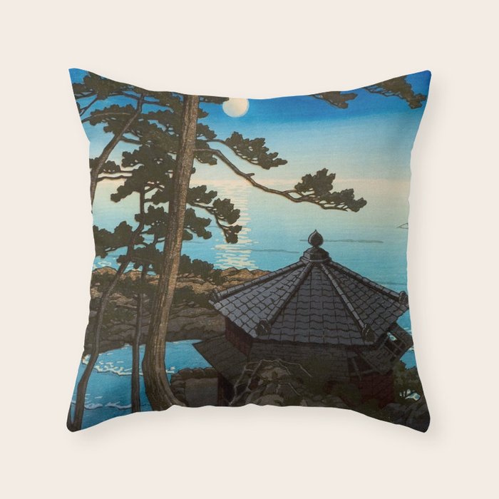 Hasui Moon Over Izura Ibaraki Antique Japanese Woodblock Print  Throw Pillow Gallery Image 1