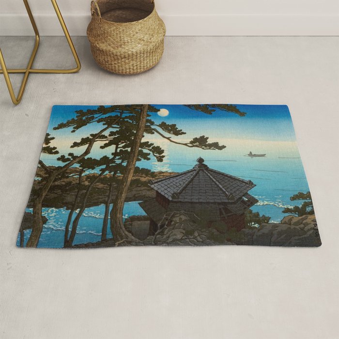 Hasui Moon Over Izura Ibaraki Antique Japanese Woodblock Print  Rug Gallery Image 1