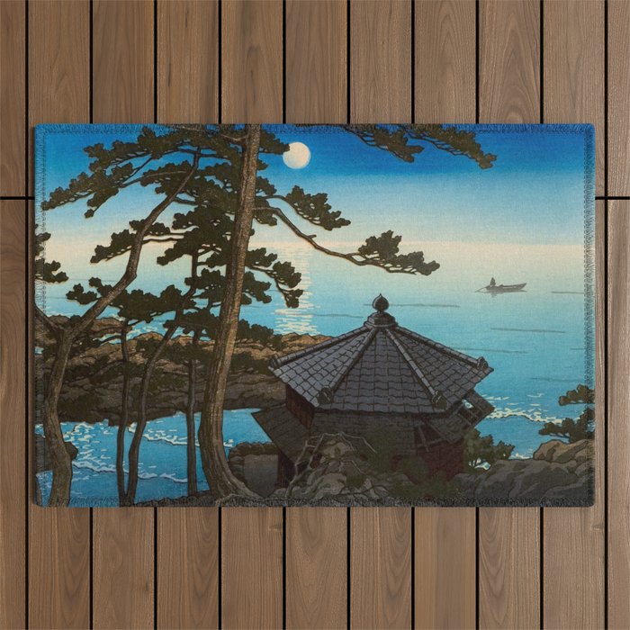 Hasui Moon Over Izura Ibaraki Antique Japanese Woodblock Print  Outdoor Rug Gallery Image 1
