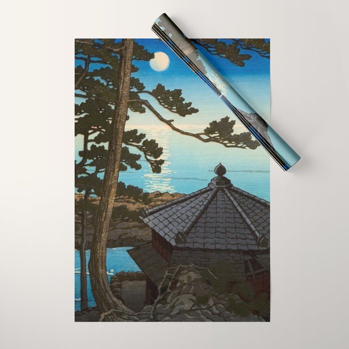 Hasui Moon Over Izura Ibaraki Antique Japanese Woodblock Print  Wrapping Paper Gallery Image 1