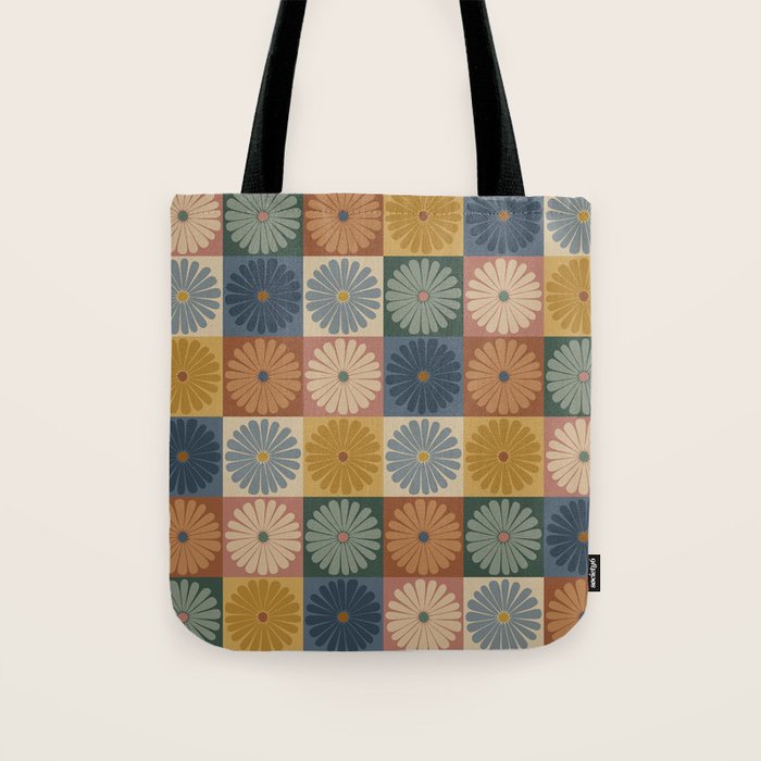 Retro Flowers Check Pattern IX Tote Bag Gallery Image 1