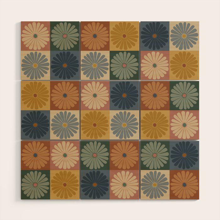 Retro Flowers Check Pattern IX Wood Wall Art Gallery Image 1