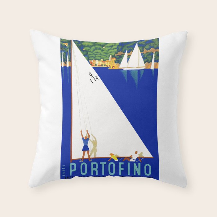 1941 PORTOFINO Italy Travel Poster Throw Pillow Gallery Image 1