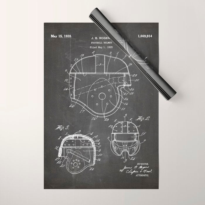 Football Helmet Patent - Football Art - Black Chalkboard Wrapping Paper Gallery Image 1