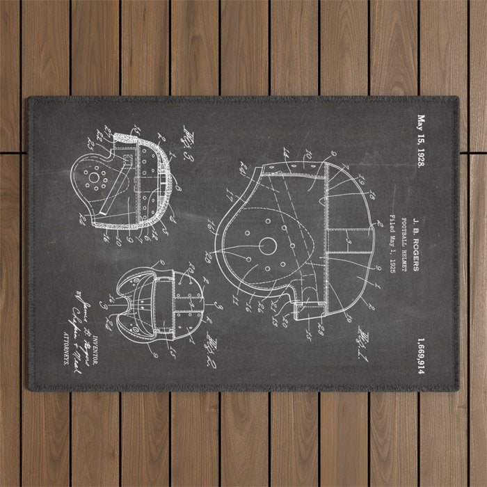 Football Helmet Patent - Football Art - Black Chalkboard Outdoor Rug Gallery Image 1