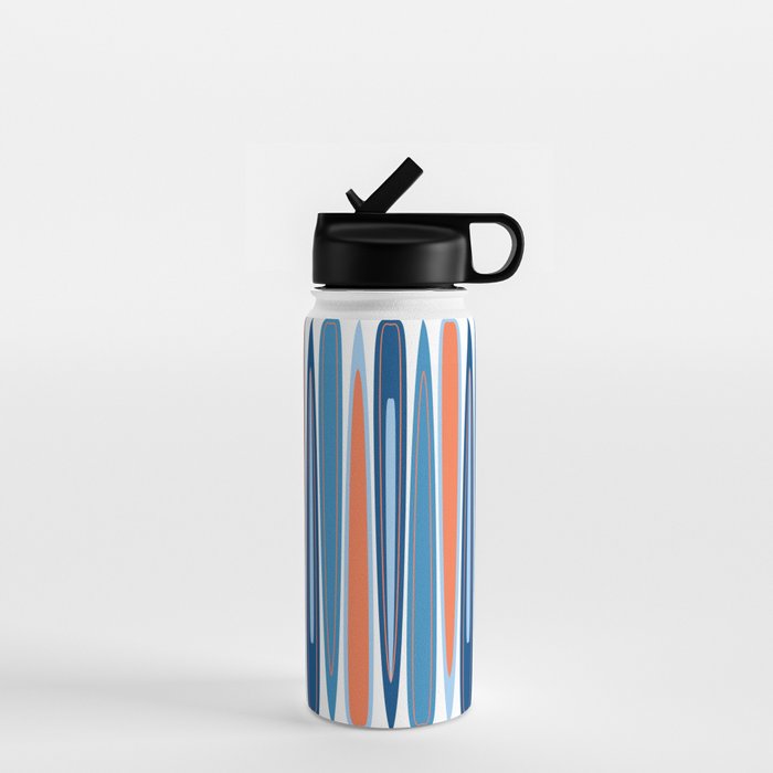 Mid Century Modern Vintage Inspired Stripes in Classic Blues and Muted Orange Water Bottle
