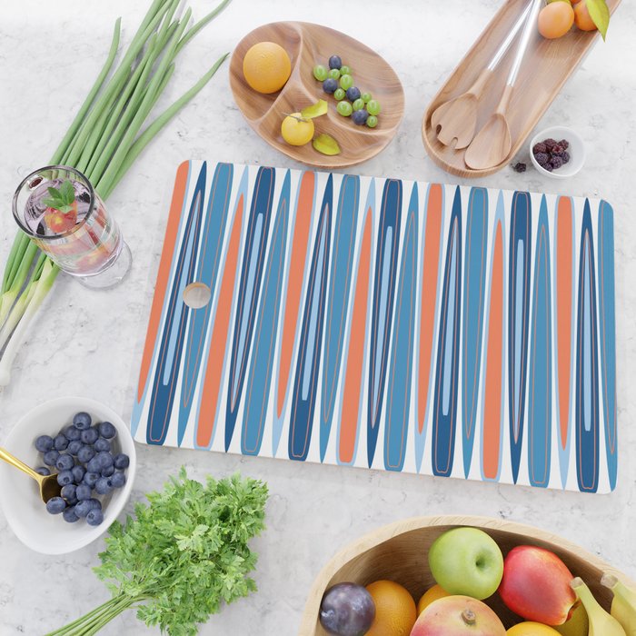 Mid Century Modern Vintage Inspired Stripes in Classic Blues and Muted Orange Cutting Board Gallery Image 2