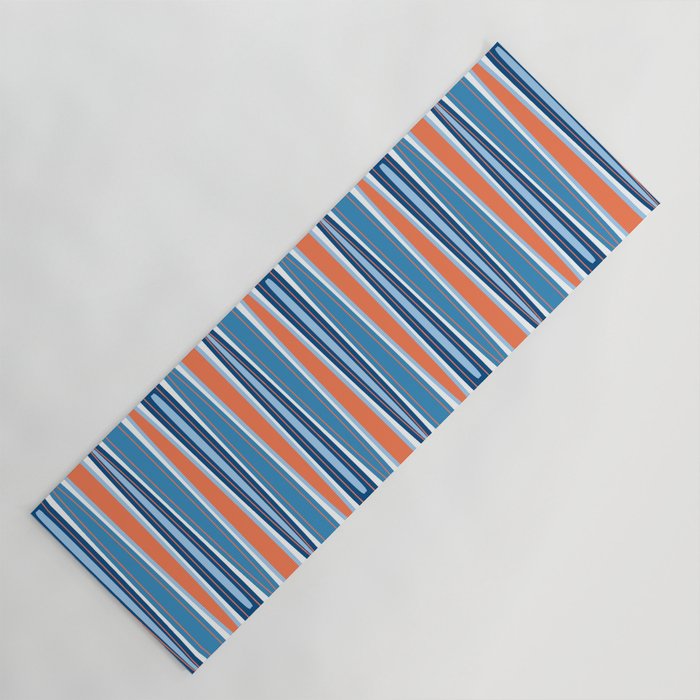 Mid Century Modern Vintage Inspired Stripes in Classic Blues and Muted Orange Yoga Mat Gallery Image 1