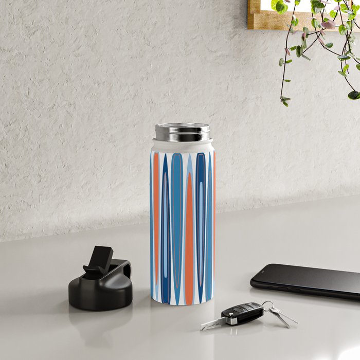 Mid Century Modern Vintage Inspired Stripes in Classic Blues and Muted Orange Water Bottle Gallery Image 4