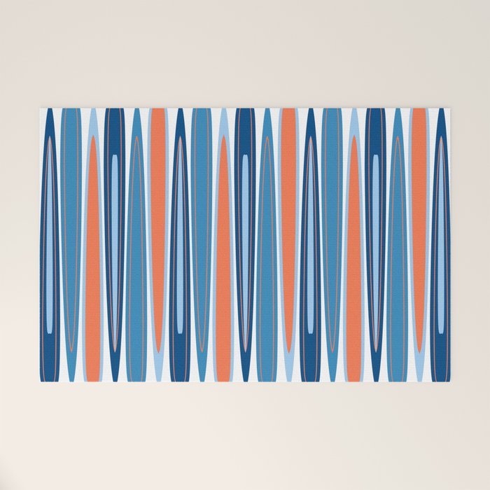 Mid Century Modern Vintage Inspired Stripes in Classic Blues and Muted Orange Welcome Mat Gallery Image 1