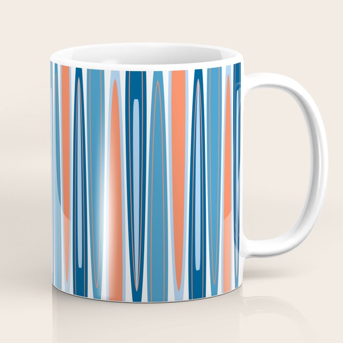 Mid Century Modern Vintage Inspired Stripes in Classic Blues and Muted Orange Coffee Mug Gallery Image 1