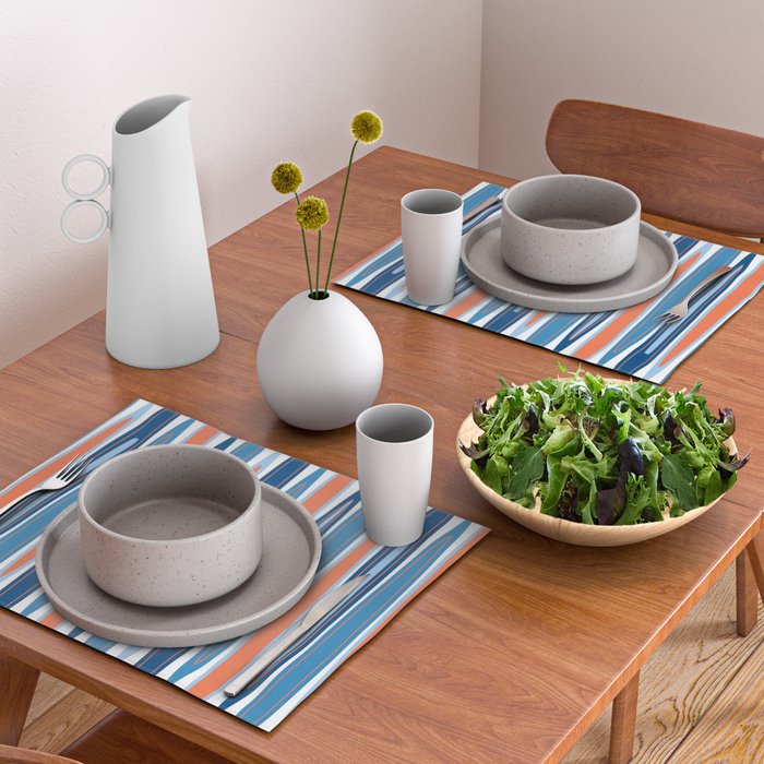 Mid Century Modern Vintage Inspired Stripes in Classic Blues and Muted Orange Placemat Gallery Image 2