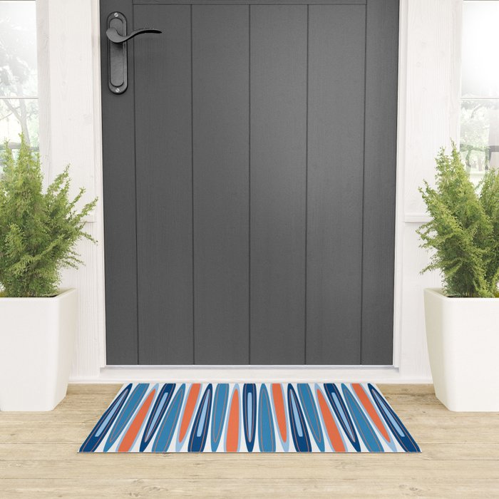 Mid Century Modern Vintage Inspired Stripes in Classic Blues and Muted Orange Welcome Mat Gallery Image 3