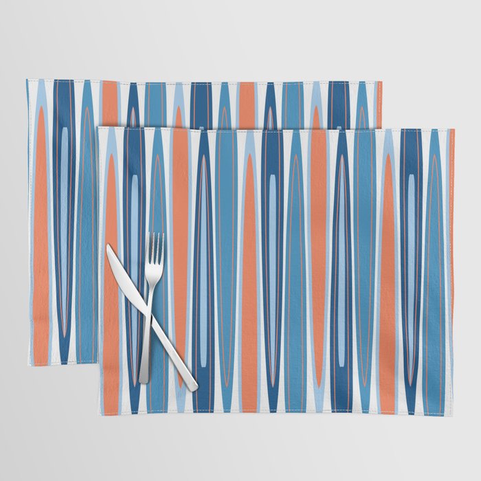 Mid Century Modern Vintage Inspired Stripes in Classic Blues and Muted Orange Placemat Gallery Image 1