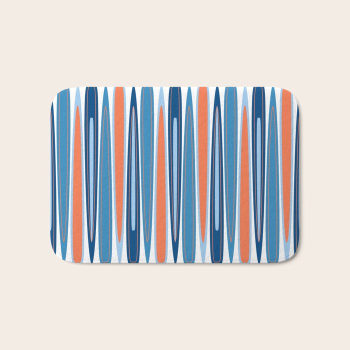 Mid Century Modern Vintage Inspired Stripes in Classic Blues and Muted Orange Bath Mat Gallery Image 1