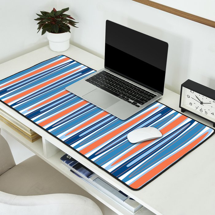 Mid Century Modern Vintage Inspired Stripes in Classic Blues and Muted Orange Desk Mat Gallery Image 2
