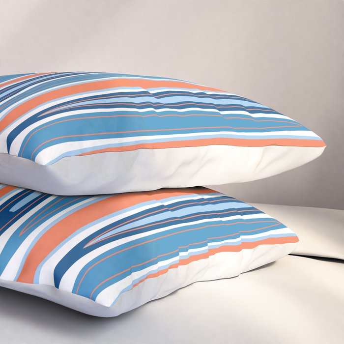 Mid Century Modern Vintage Inspired Stripes in Classic Blues and Muted Orange Pillow Sham Gallery Image 3