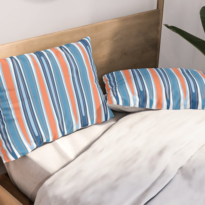 Mid Century Modern Vintage Inspired Stripes in Classic Blues and Muted Orange Pillow Sham Gallery Image 2