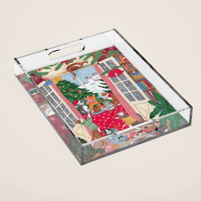 Cats in the Window at a Snowy Christmas in Bright Colours Acrylic Tray Gallery Image 1
