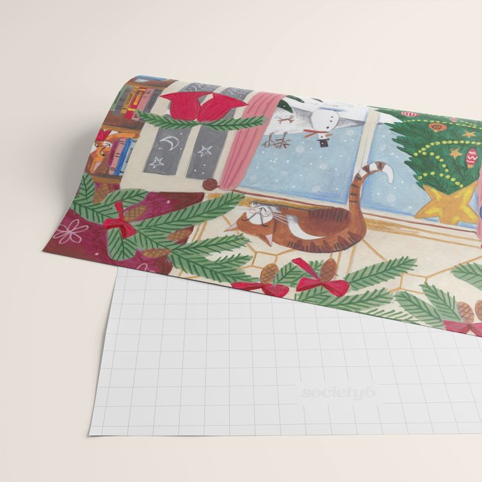 Cats in the Window at a Snowy Christmas in Bright Colours Wrapping Paper Gallery Image 2