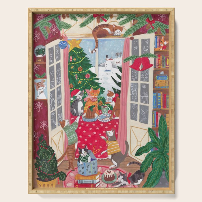 Cats in the Window at a Snowy Christmas in Bright Colours Serving Tray Gallery Image 1