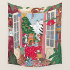 Cats in the Window at a Snowy Christmas in Bright Colours Wall Tapestry Gallery Image 4