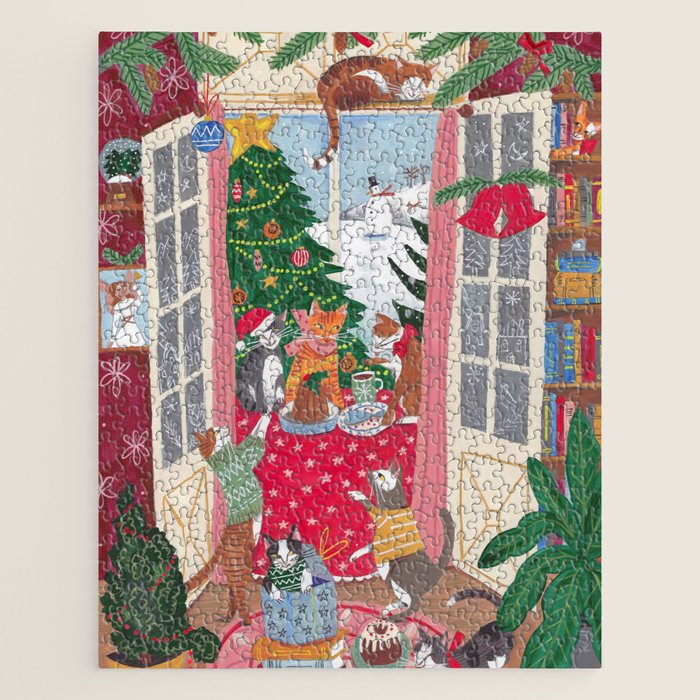 Cats in the Window at a Snowy Christmas in Bright Colours Jigsaw Puzzle Gallery Image 1